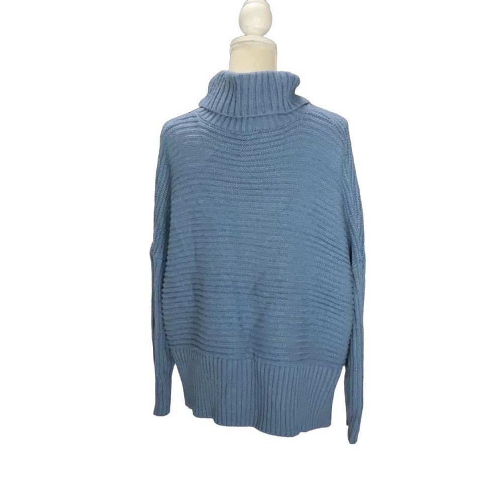 Joan Vass Blue Chunky Knit Cowl Neck Drop Shoulder Sweater Slit Sides Warm Sz M - Picture 3 of 7